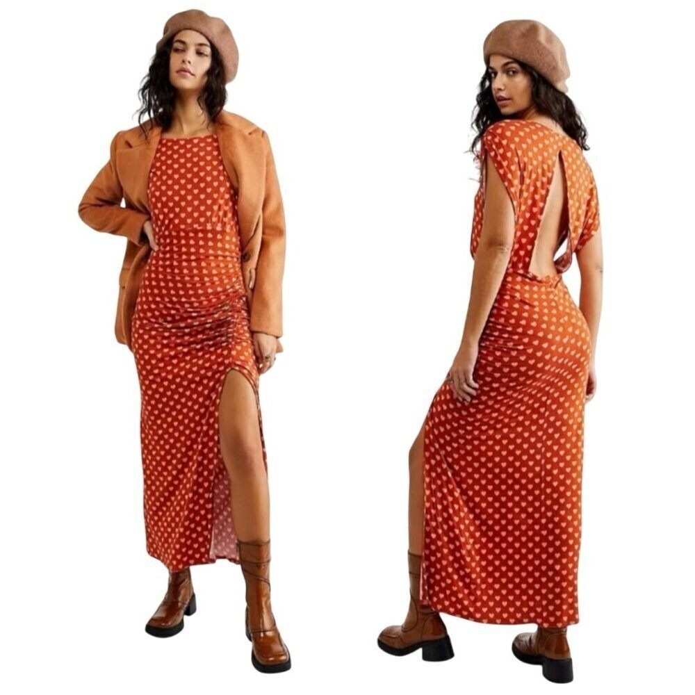 Free People Lakeside Midi Dress Rust Orange Hearts Ruched Side Open‎ Back XS